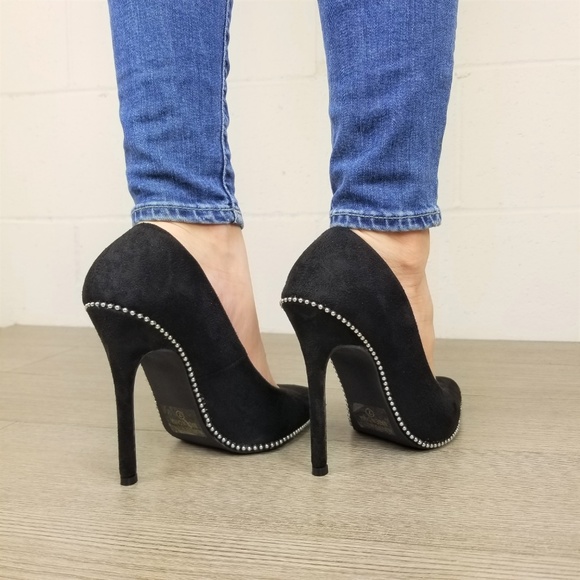 Black vegan Suede High Heel Pumps With Studs -gg - Picture 7 of 8